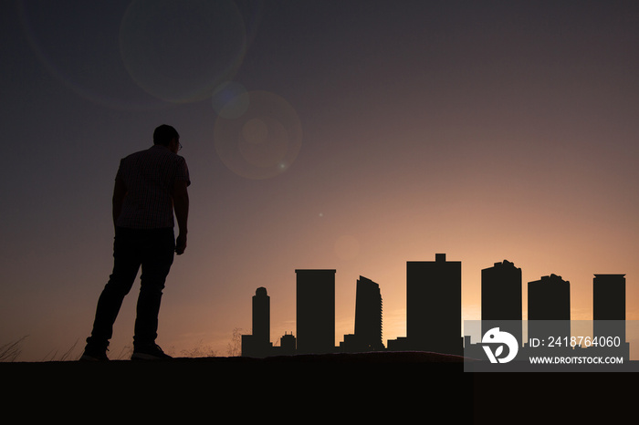 Traveler in front of Fort Worth city skyline