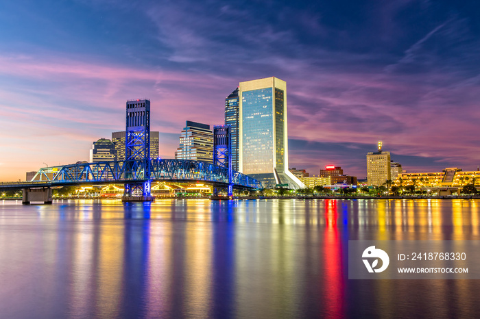 Skyline of Jacksonville, FL and Main Street Bridge at Dusk