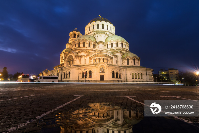 Beautiful view of the Bulgarian Orthodox St. Alexander Nevsky Cathedral in Sofia, reflected in the s