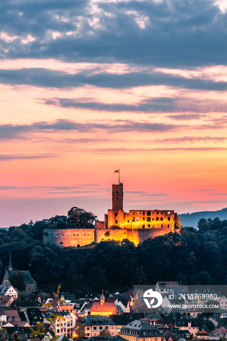 Königstein im Taunus near Frankfurt. View of the castle ruins after the sunset. Illuminated castle a