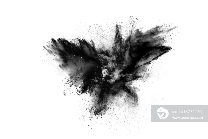 particles of charcoal on white background,abstract powder splatted on white background,Freeze motion