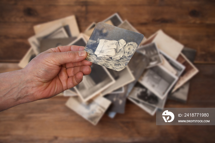 old man’s male hands hold old retro family photos over an album with vintage monochrome photographs 