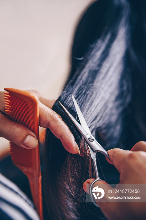 Hairdresser cuts hair to a woman in a beauty salon. creating hairstyles hairdresser with vintage fil