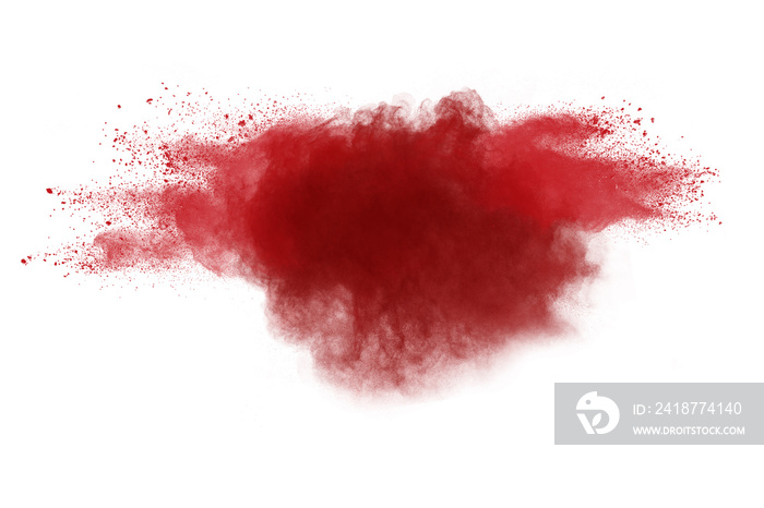 Red powder explosion on white background. Colored cloud. Colorful dust explode. Paint Holi.