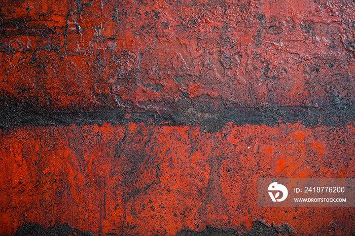 Old red metal sheet with rust and oily in the garage can be use as background