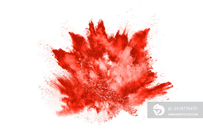 Freeze motion of red powder exploding, isolated on white background. Abstract design of red dust clo