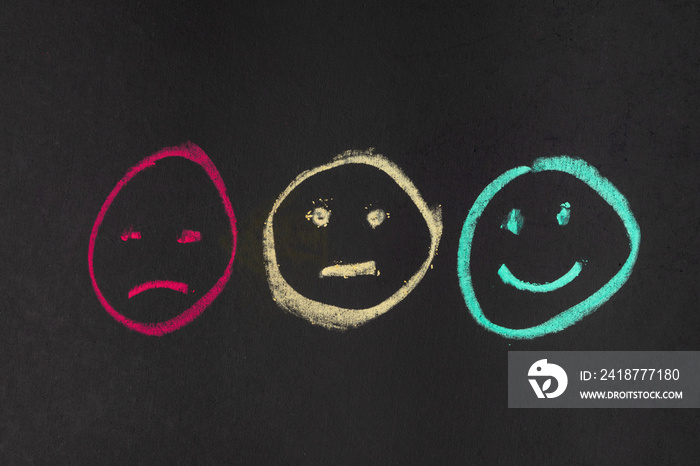 Chalk drawing face symbol angry or .displeased, natural and happy in red, yellow and green color on 