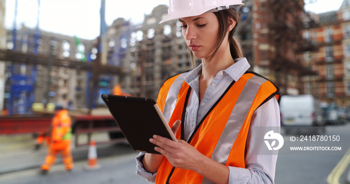 Focused female construction worker at work on pad device at construction site