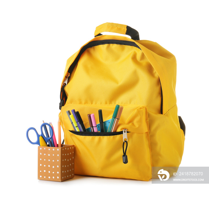 Backpack with school supplies on white background