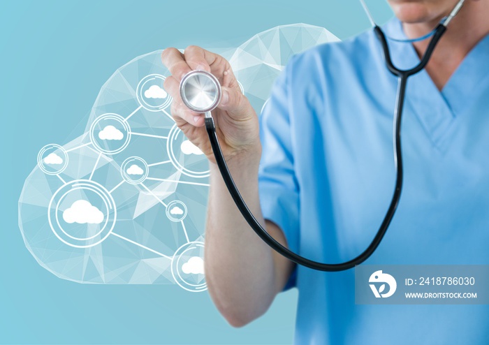 Doctor using stethoscope in front of cloud and white interface