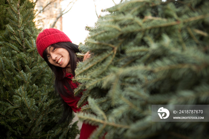 Laughing woman carrying Christmas tree