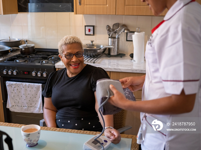 Nurse�visiting mature woman at her house, measuring blood pressure