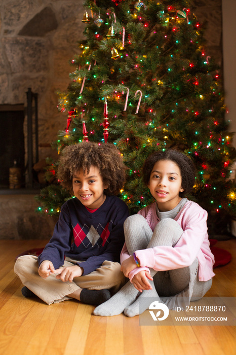 Siblings (6-7) in front of decorated christmas tree