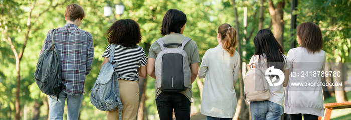 Back view image of multiethnic group of young students