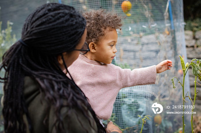 Black mother holding biracial son in backyard