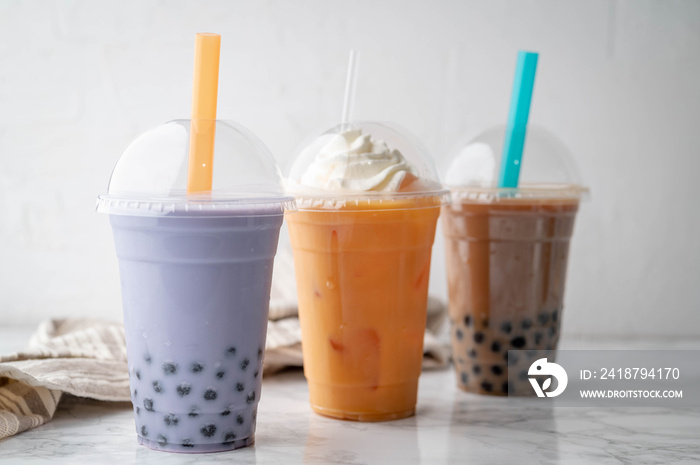 tapioca milk tea, taro potato tea, and thai tea