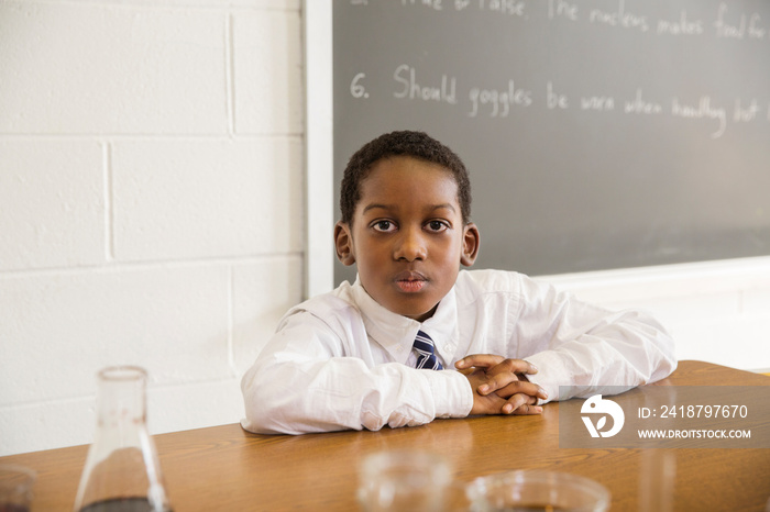 Portrait of school student (8-9) in classroom