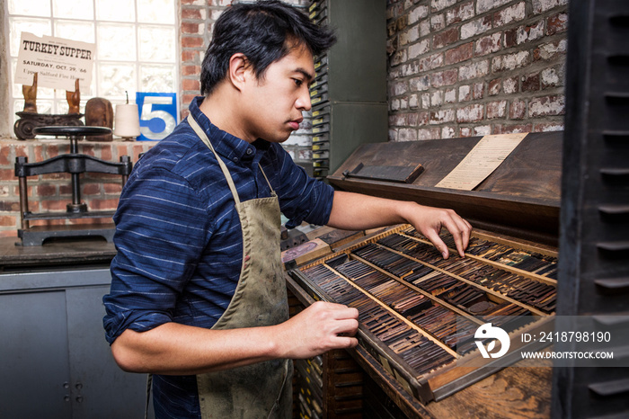 Side view of craftsman working with letterpress in workshop