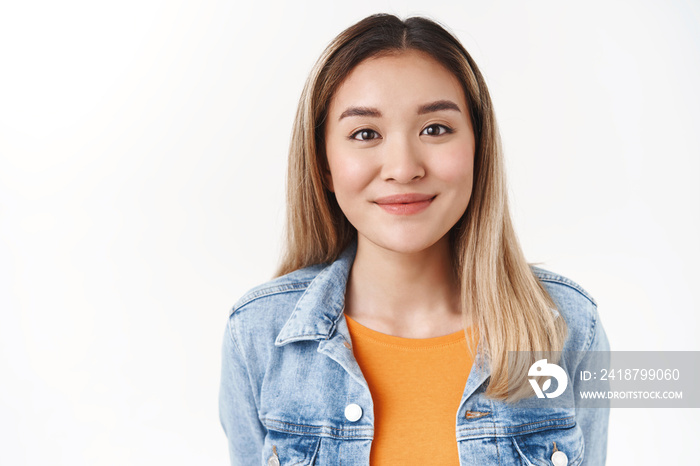 Close-up sweet tender asian blond female student smiling broadly lucky optimistic gaze look forward 