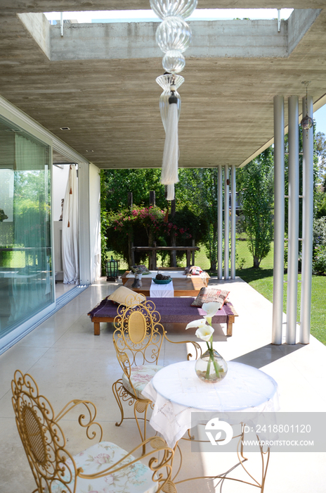 Tea table and seating area at porch