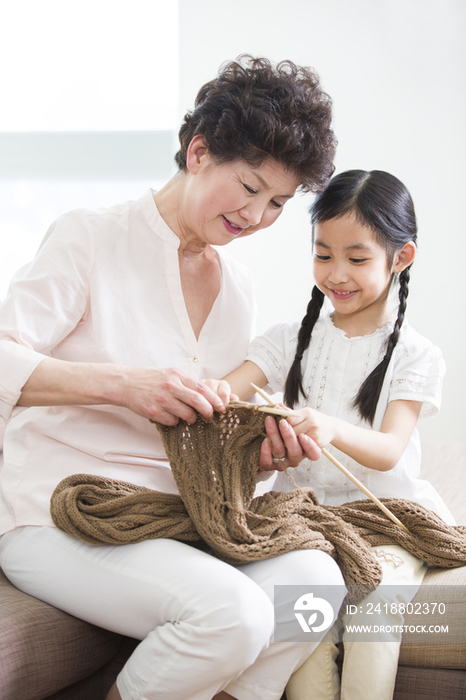 奶奶和孙女织毛衣