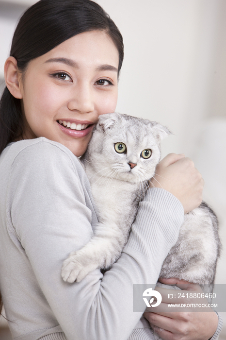 青年女子和苏格兰折耳猫