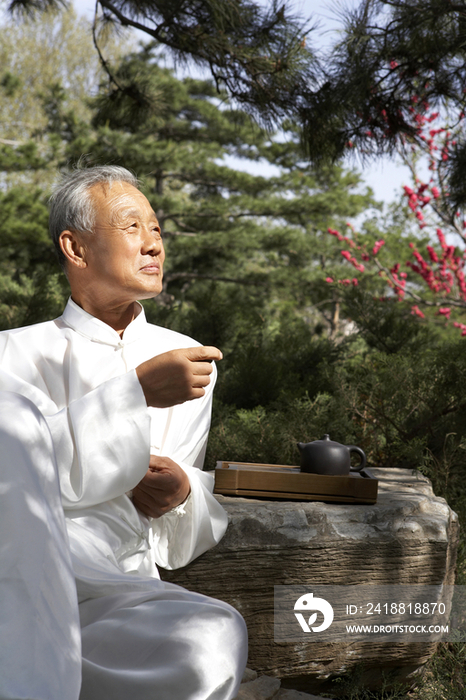 老年男子在公园里喝茶