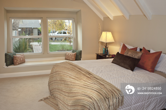 Contemporary bedroom in two story house; California; United States of America