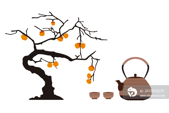 中国茶和柿树插画