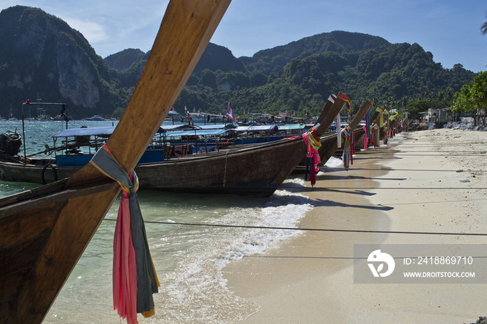 Boats anchored at Koh Phi Phi beach, Thailan