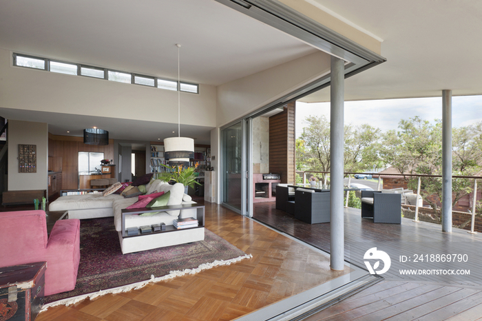 Living area and dining area in open plan house