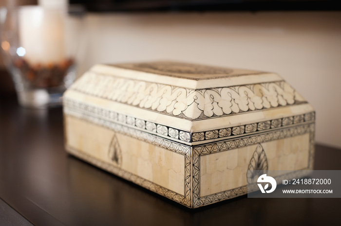 Close-up of a designed traditional box on table at home; Scottsdale; USA