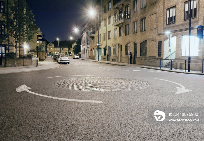 Urban Roundabout in East London at Night