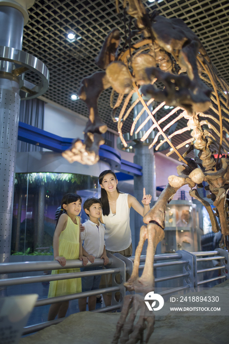 年轻母亲和孩子参观自然博物馆