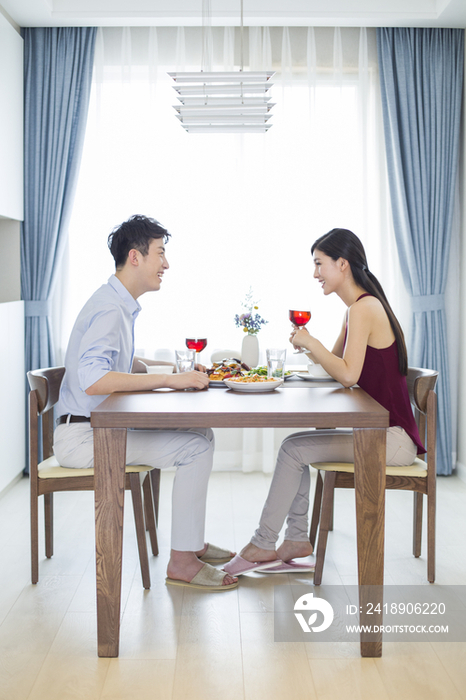 年轻夫妇在家喝红酒吃午餐