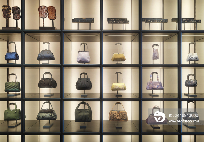 Purses on display in fashion store