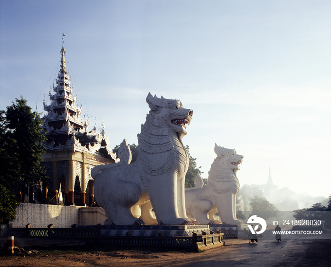 Giant lions at the foot of Mandalay Hill, Mandalay, Myanmar Burma 