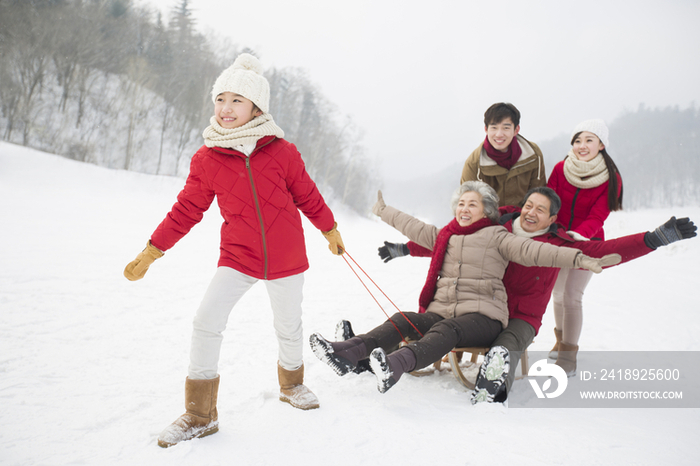 快乐的一家人在雪地上玩雪橇