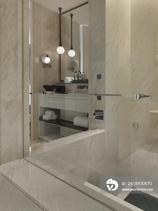 Modern bathroom with glass wall in hotel