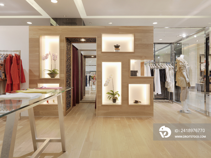 Interior of a contemporary fashionable clothing boutique