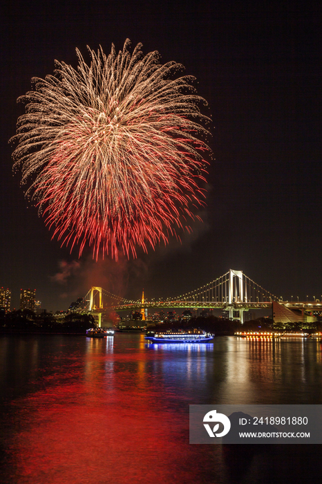 Fireworks over Tokyo bay at night in Japan