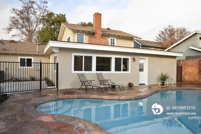 Two story house and swimming pool; California; United States of America