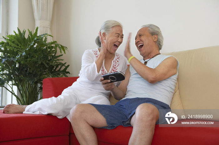 老年夫妇玩掌上游戏机