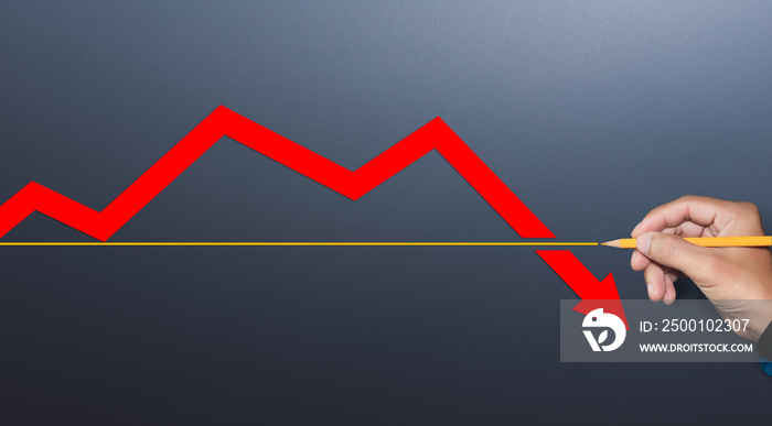 Red arrow pointing down. Investment, stock decline, depressed economies