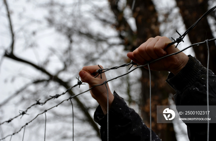 child in a refugee camp behind a wire fence in winter rainy day. holding barbed wire with small hands. knitted gloves white fingers. awaiting release, fence repair in cattle farm, small boy, cold