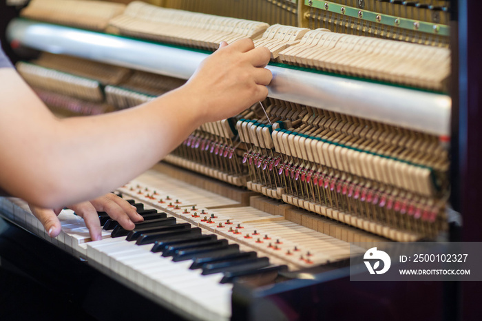 Piano repairers or musicians are repairing and customizing the piano.