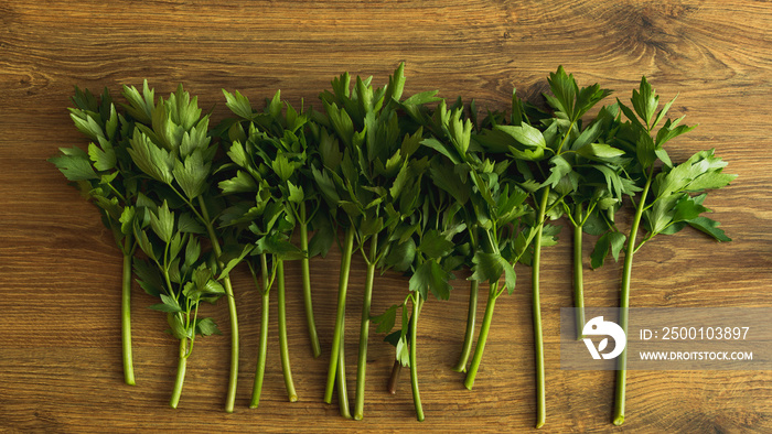 Food background with fresh spring lovage leaves