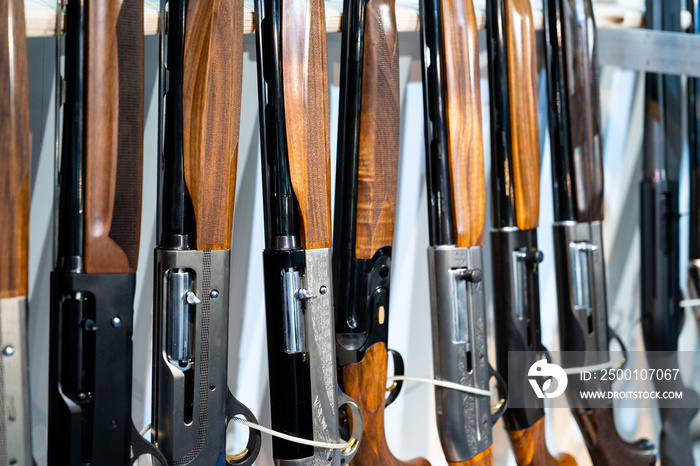 Close-up of guns in a row