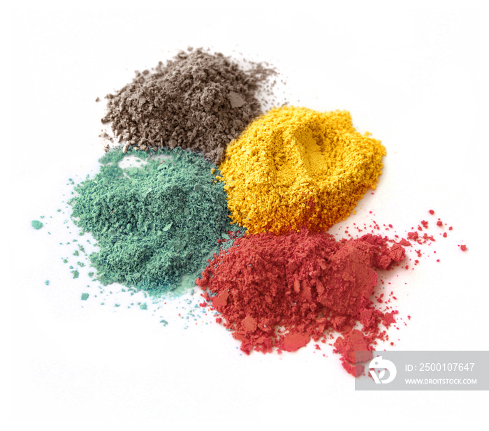 Stylish warm color powder pigments on white background