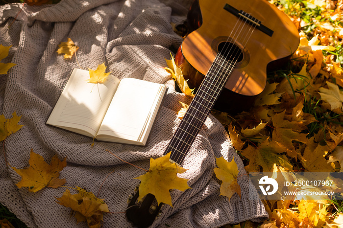 Autumn background with books, guitar and plaid